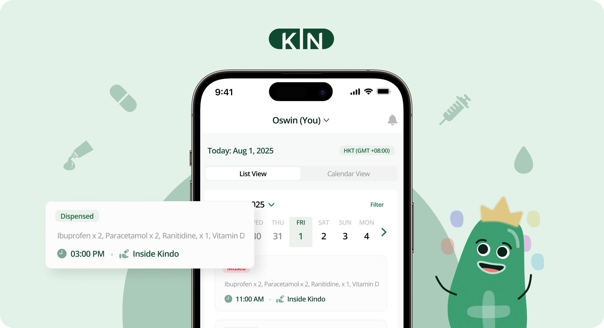 Kin app schedule screen with mascot