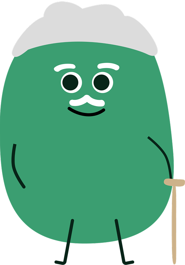 Elderly Kin mascot with a cane