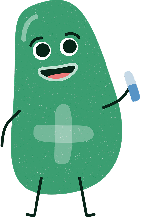 Kin mascot holding a pill
