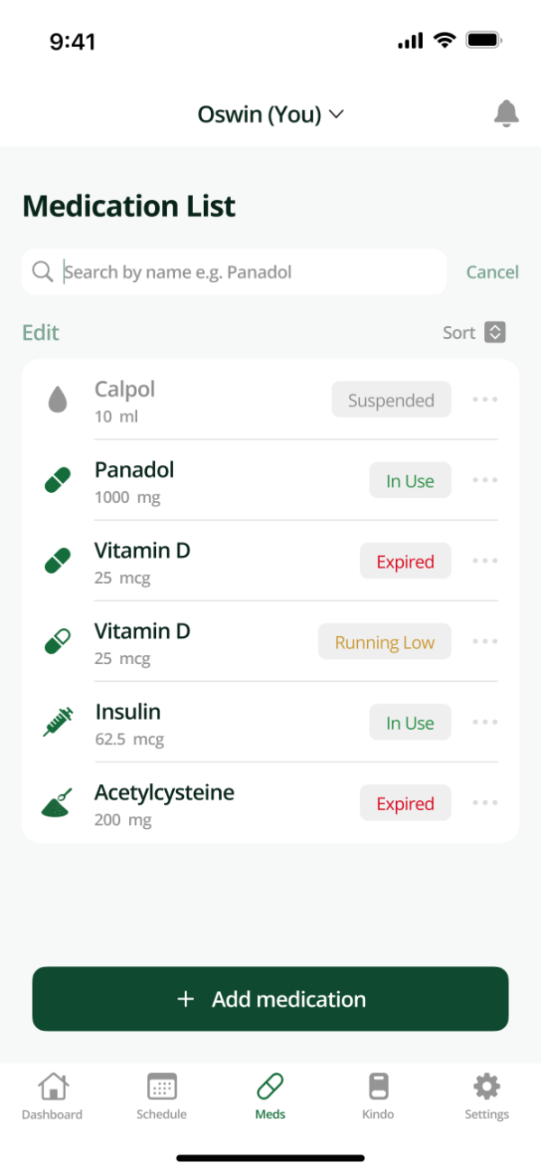 Kin medication list screen