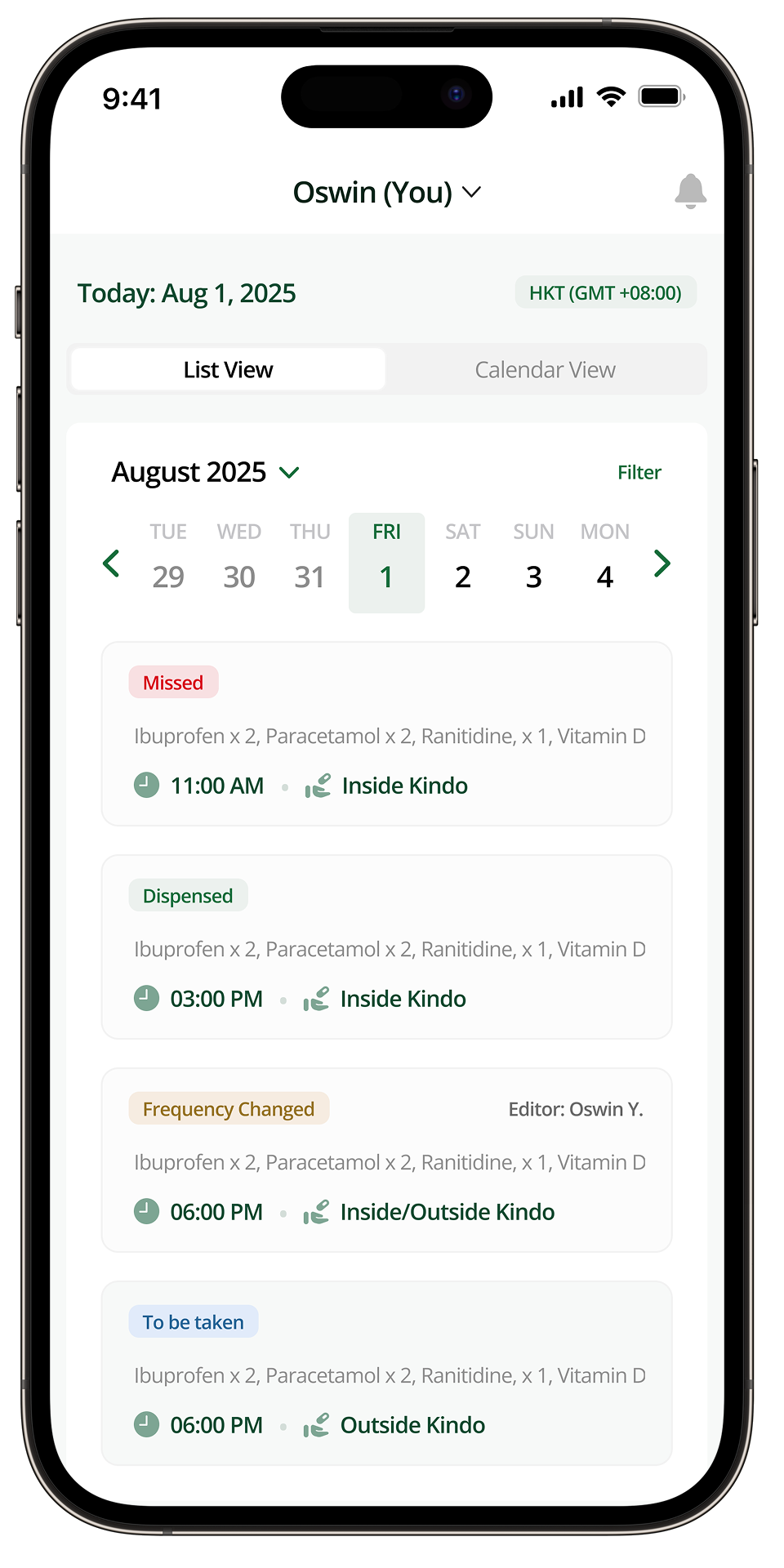 Redesigned Kin schedule screen