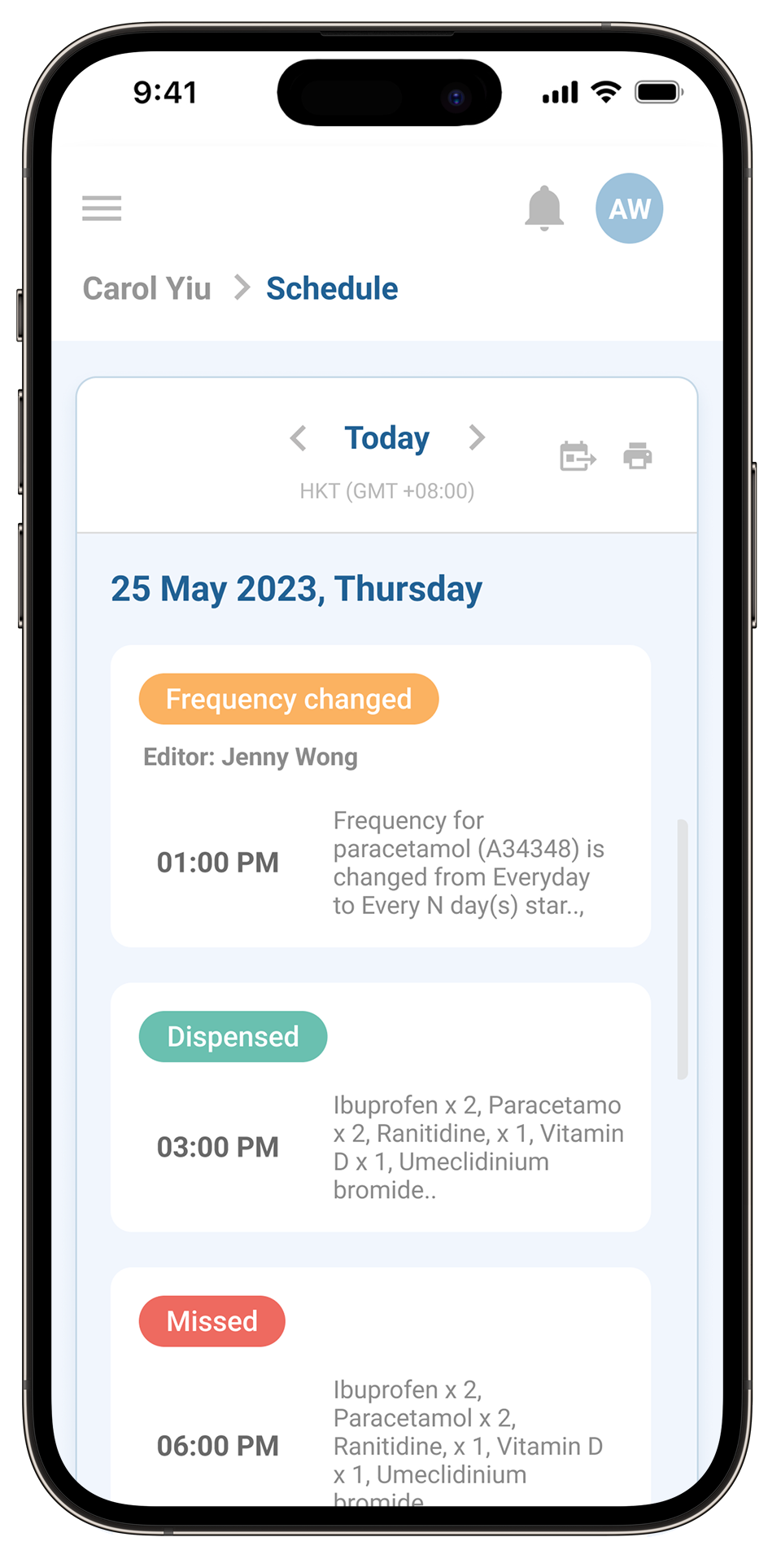 Original Kin schedule screen