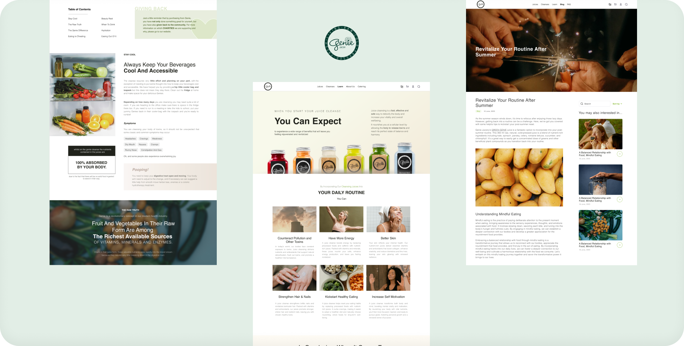 Genie Juicery website screens