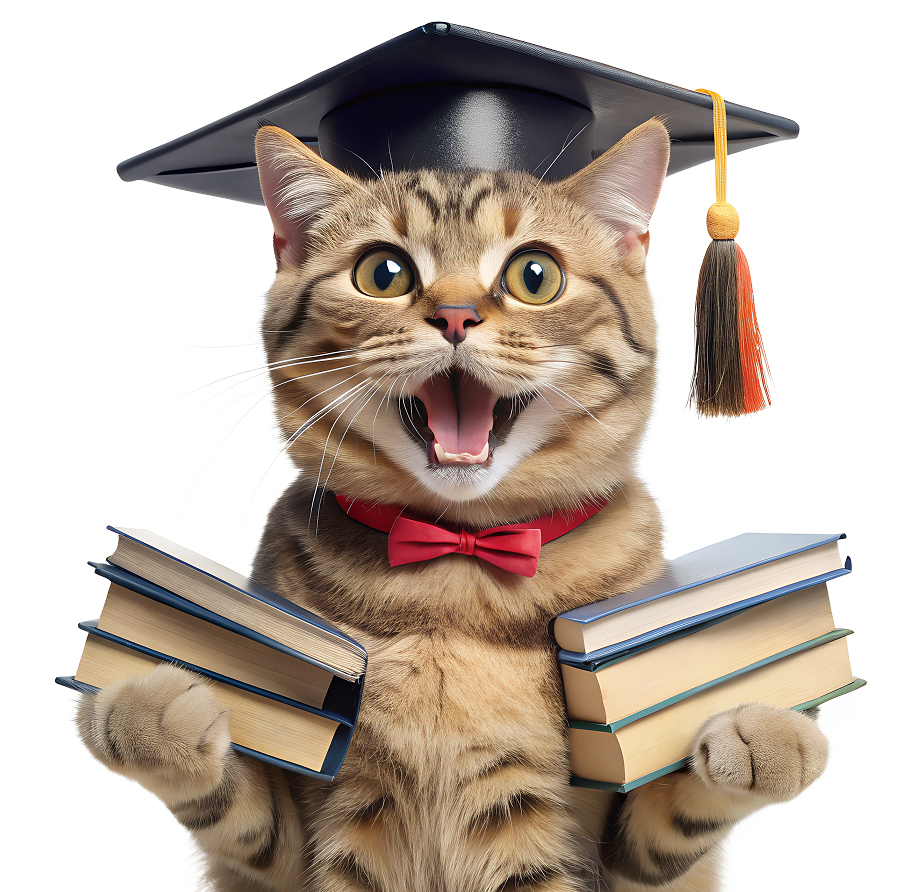 Cat in a graduation hat holding books