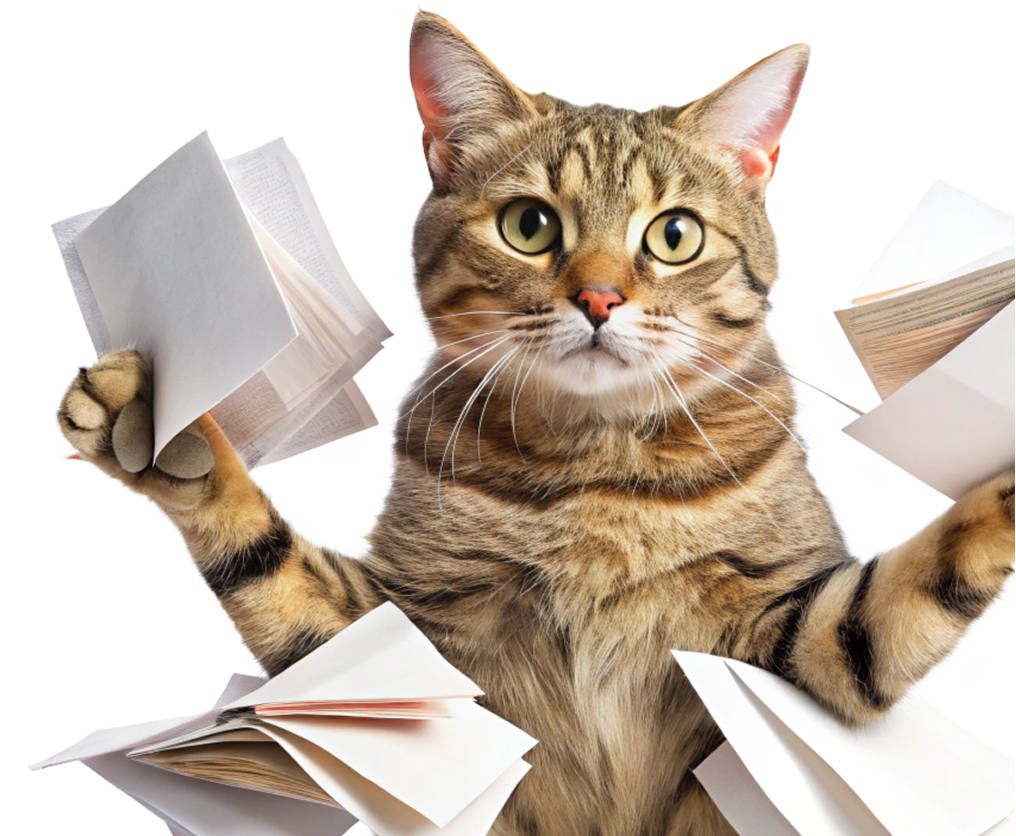Cat struggling to hold a pile of documents