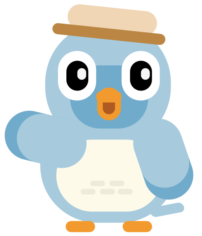 Woby, a small blue bird in a straw hat